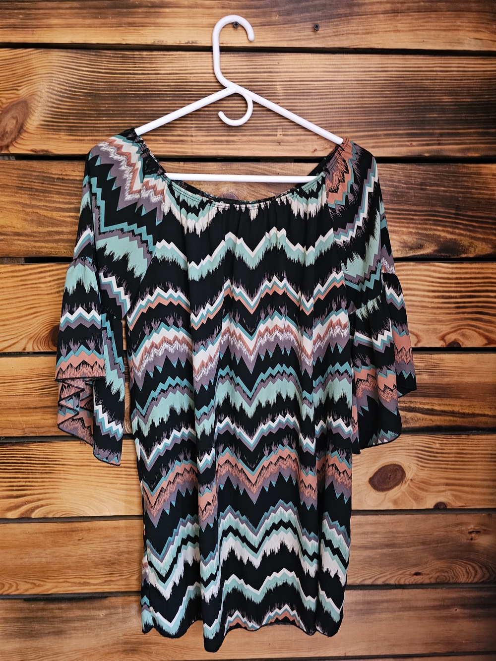 Chevron Off-Shoulder Mini Dress in Black, Mint & Coral